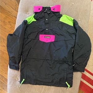 Vintage COLUMBIA WINDBREAKER Jacket Neon Pink & Green Retro Unisex Youth Medium